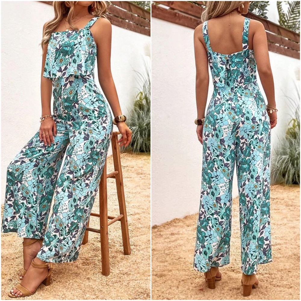Boho Floral Print Wide Leg Jumper Jumpsuit - Picture 6 of 7
